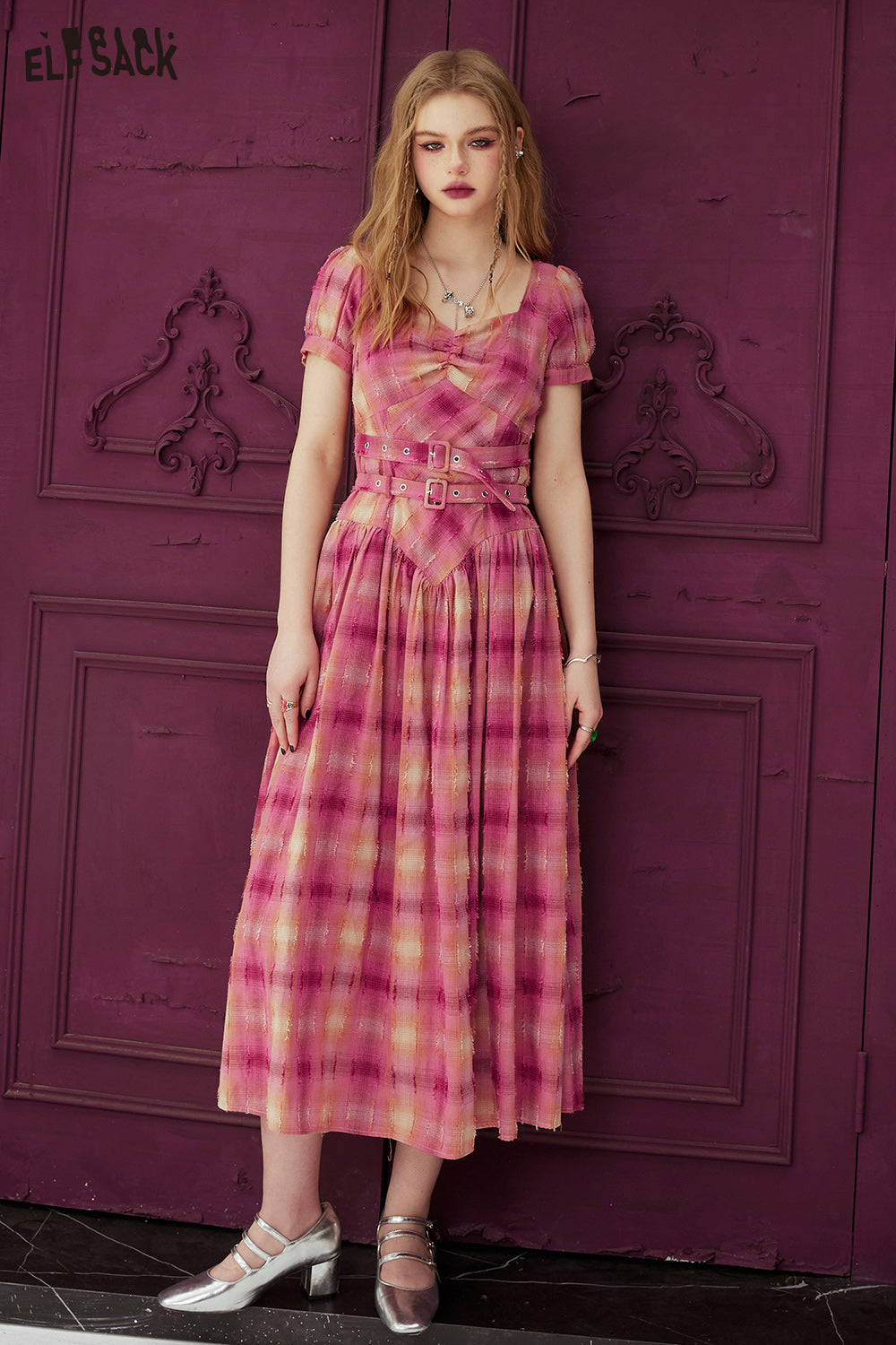 ELFSACK Bubble sleeve plaid dress in spring, casual waist tightening and slimming princess dress