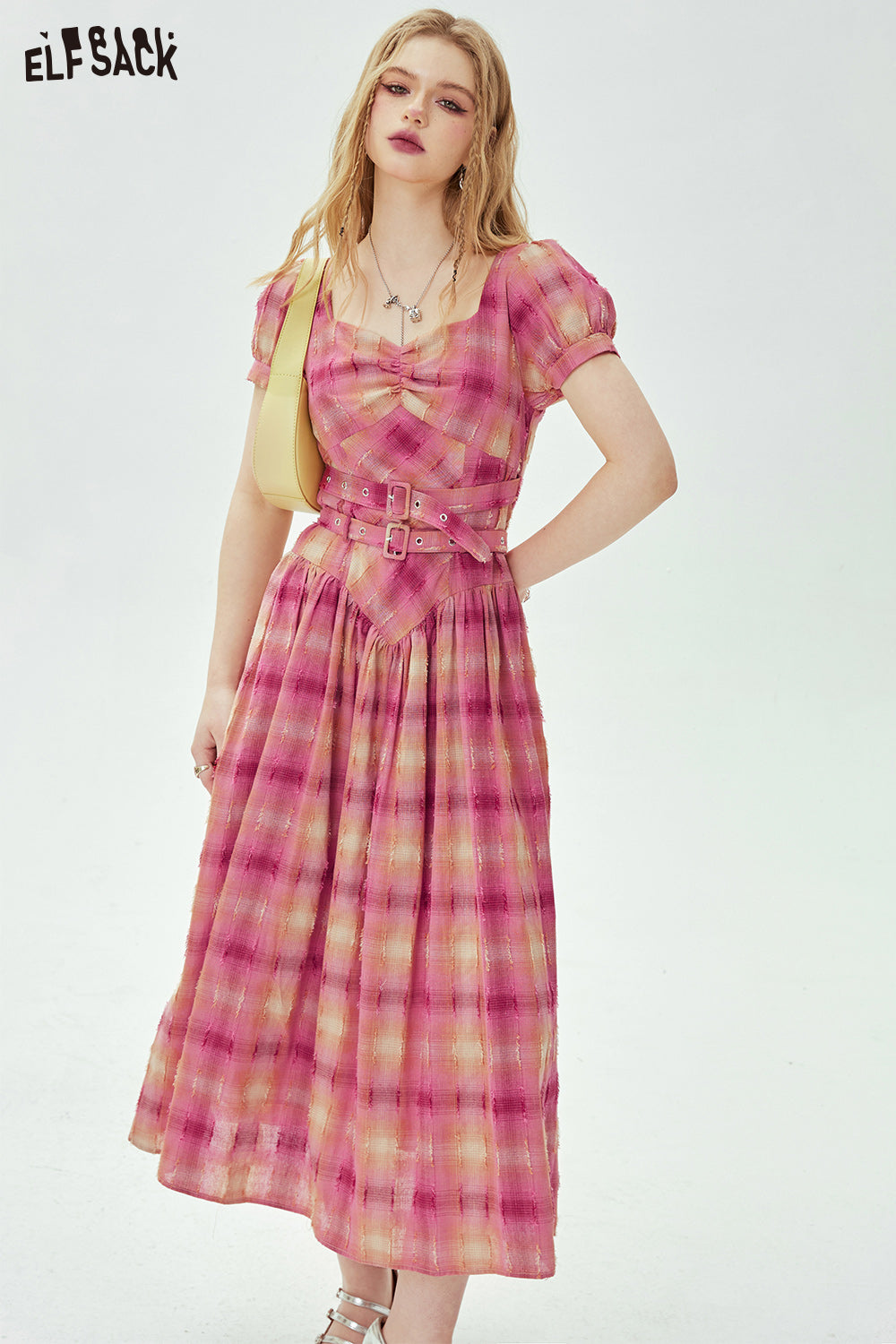 ELFSACK Bubble sleeve plaid dress in spring, casual waist tightening and slimming princess dress
