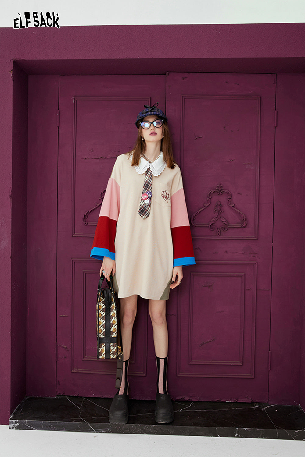 ELFSACK Spliced Polo neck dress's spring college style loose casual dress