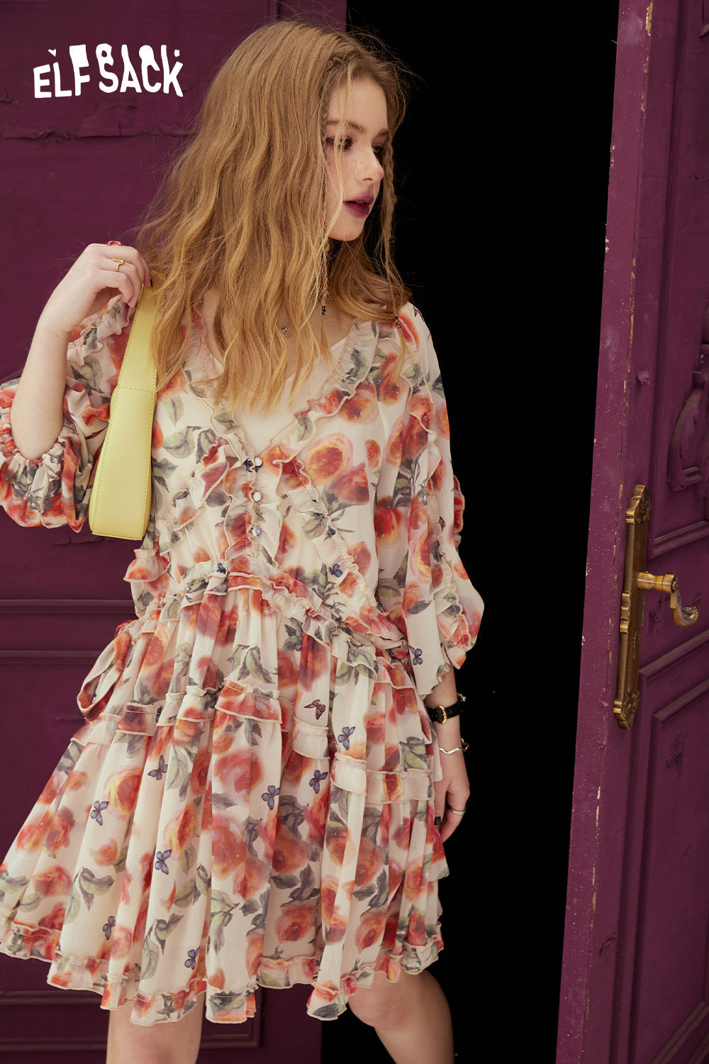 ELFSACK French V-neck floral dress's spring small and stunning holiday dress