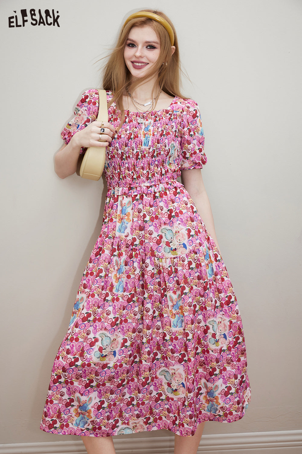 ELFSACK Palace style full print square neck dress in spring, design sense, waist cinching princess dress