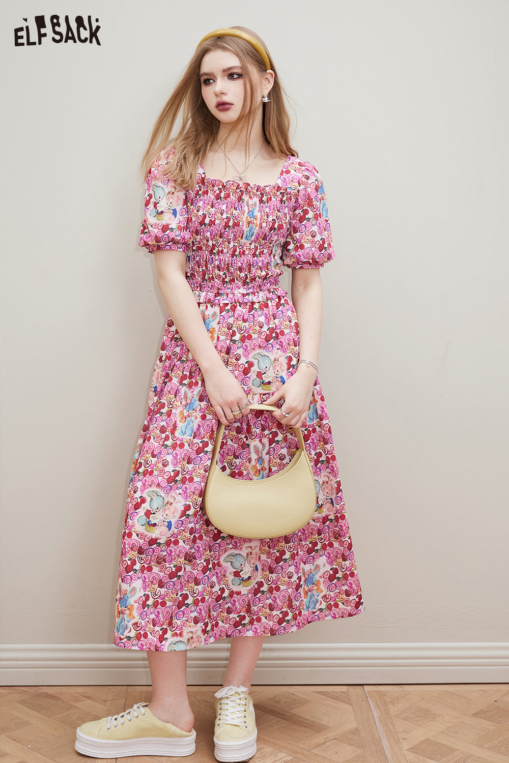 ELFSACK Palace style full print square neck dress in spring, design sense, waist cinching princess dress