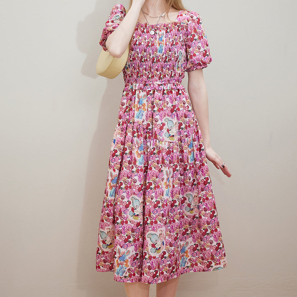 
                  
                    ELFSACK Palace style full print square neck dress for women in spring 2024, new design sense, waist cinching princess dress
                  
                