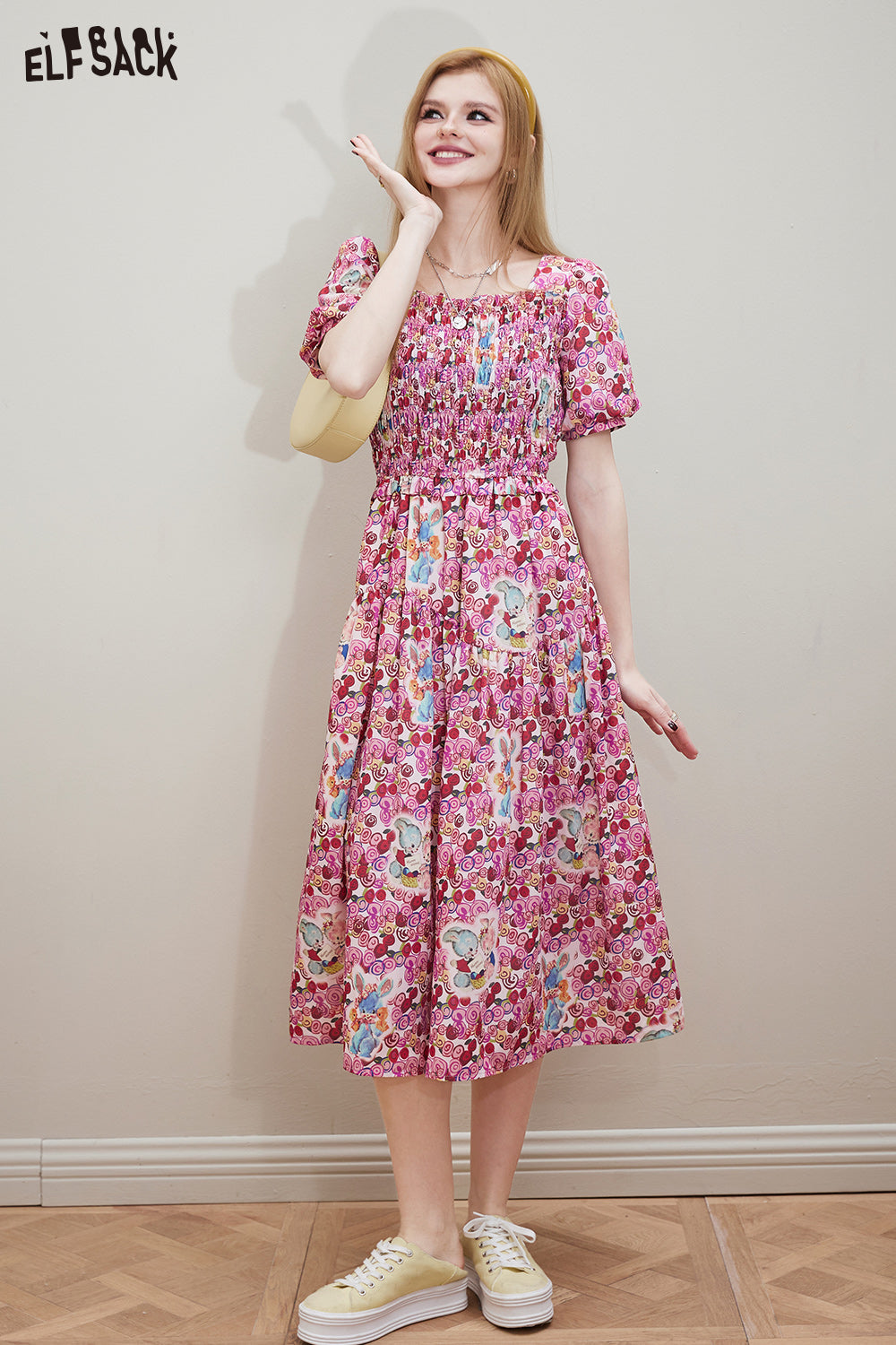 ELFSACK Palace style full print square neck dress in spring, design sense, waist cinching princess dress