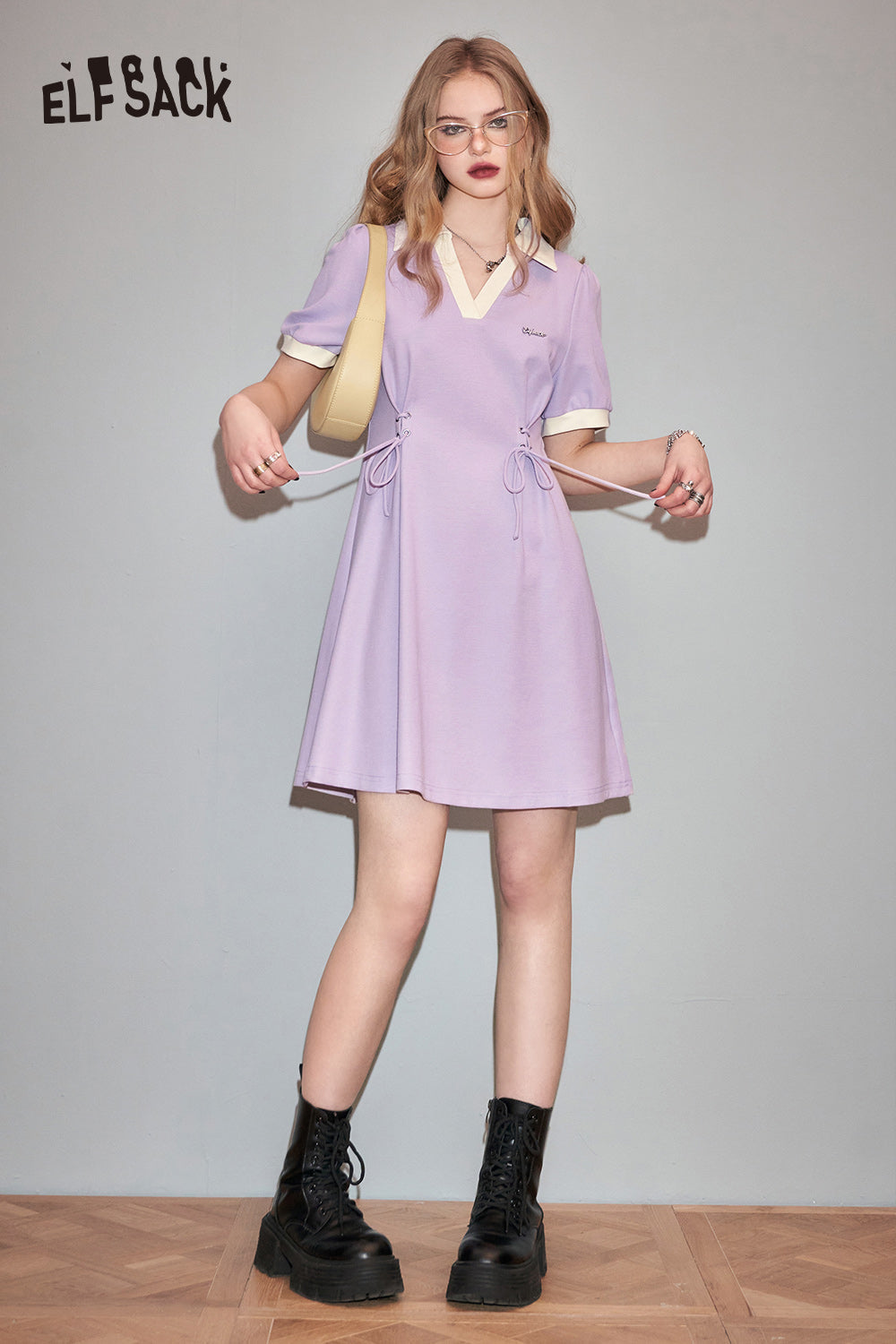 
                  
                    ELFSACK Contrasting color patchwork V-neck dress for women's spring 2024 new small waist slimming dress
                  
                