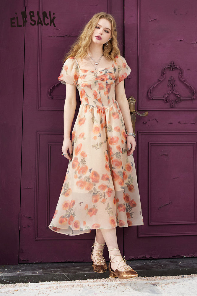 
                  
                    ELFSACK French V-neck floral dress for women in spring 2024, new waistband slimming and tea break princess skirt
                  
                