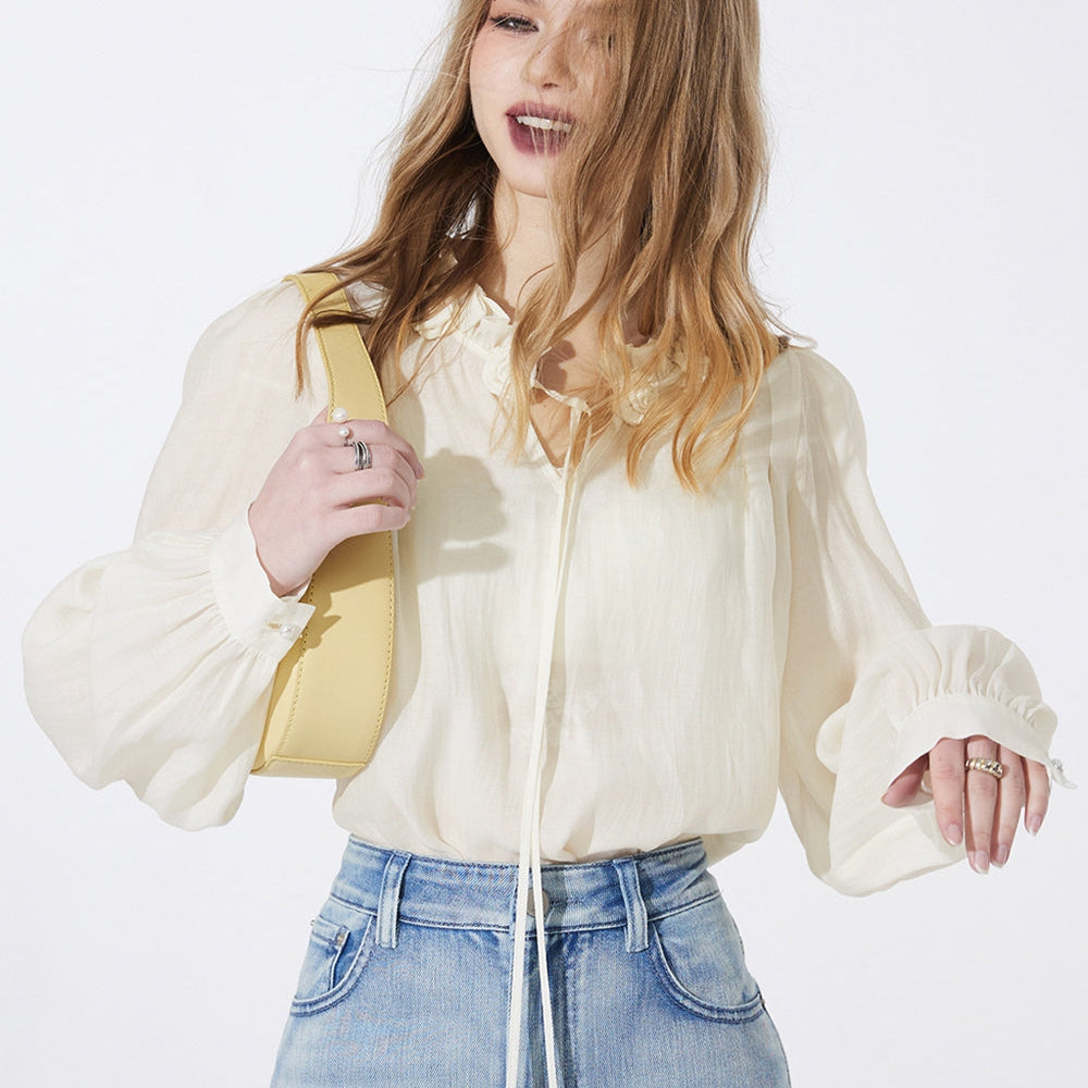 ELFSACK court style french style white blouse fit in spring ruffle sleeve solid color frill casual fashion top