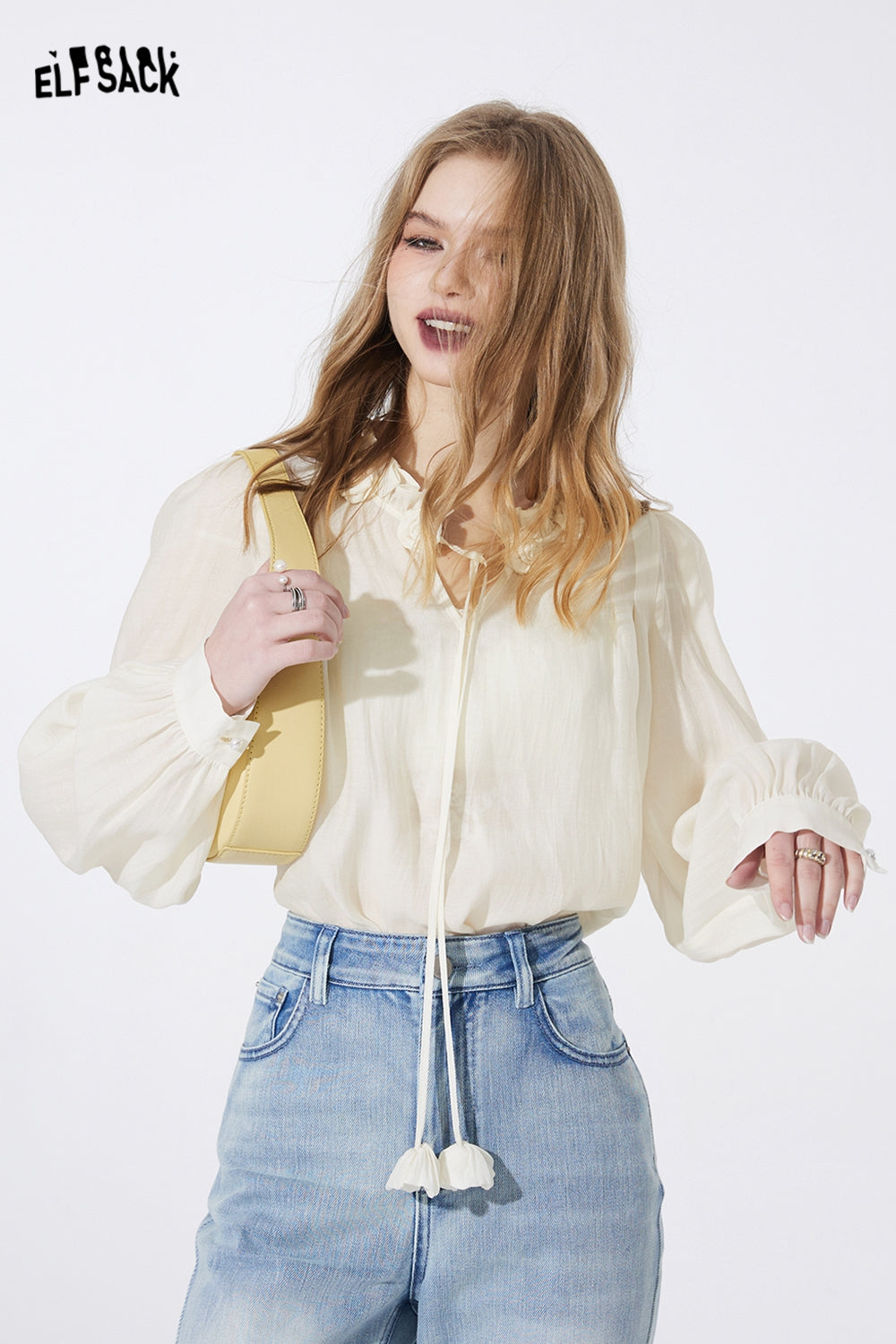 ELFSACK court style french style white blouse fit in spring ruffle sleeve solid color frill casual fashion top