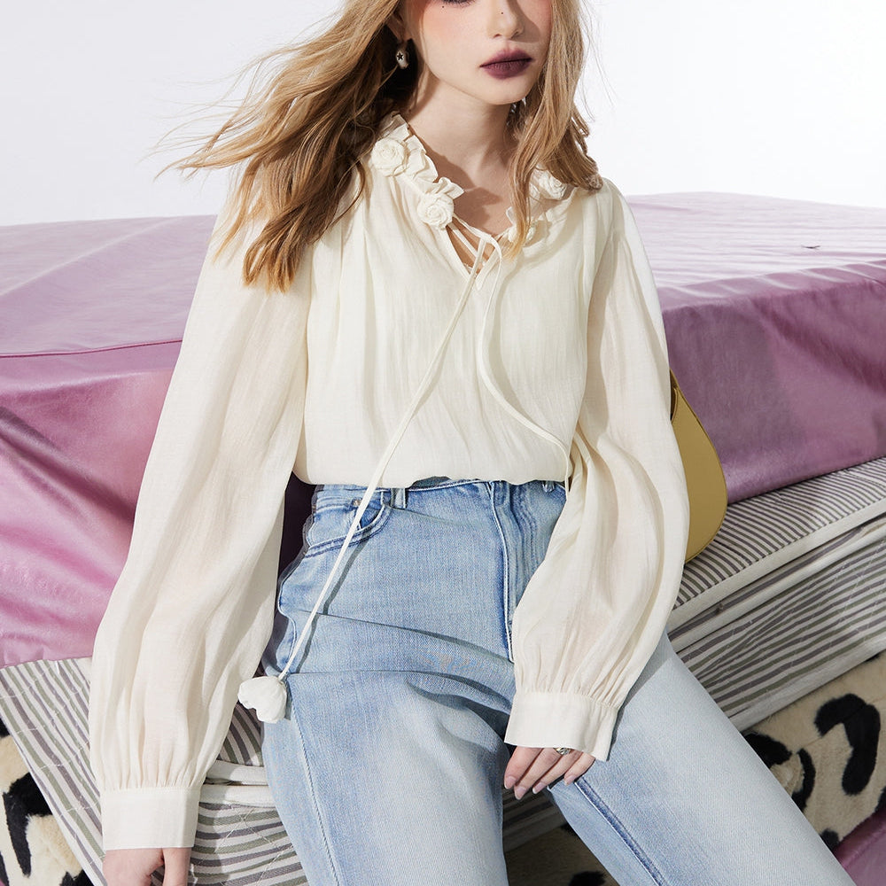 ELFSACK court style french style white blouse fit in spring ruffle sleeve solid color frill casual fashion top