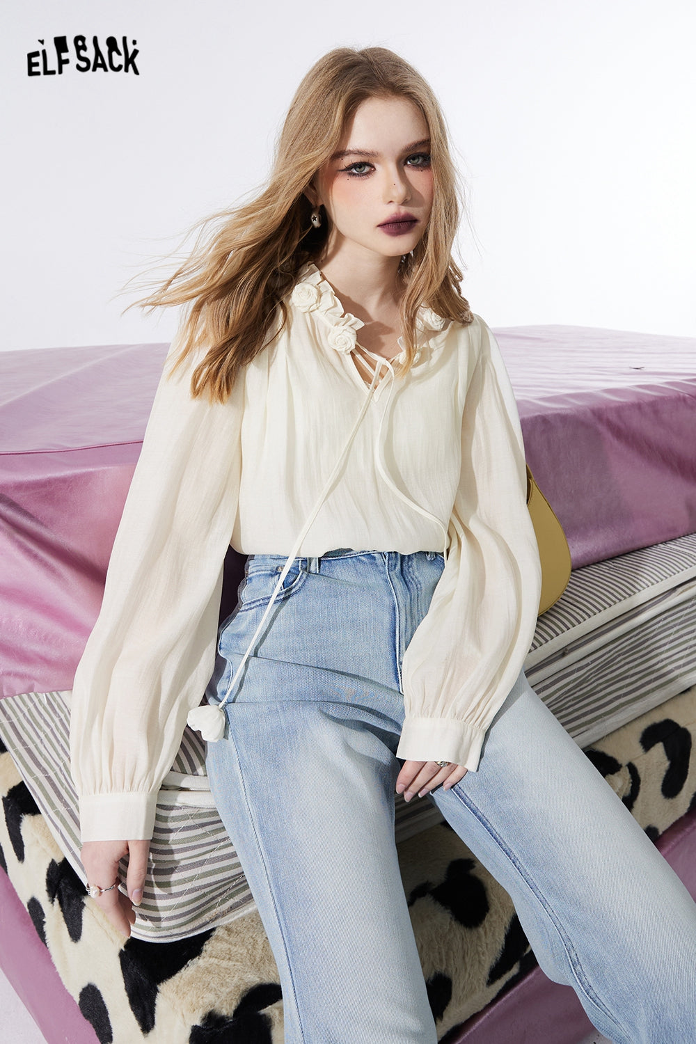 ELFSACK court style french style white blouse fit in spring ruffle sleeve solid color frill casual fashion top