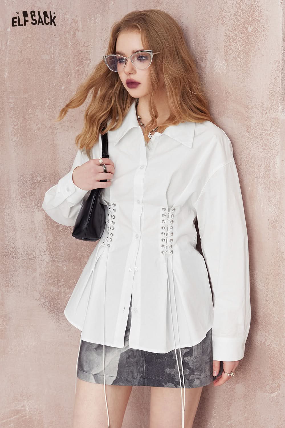 ELFSACK white latern sleeve solid color polo neck blouse fit in spring lace up casual office style top long sleeve blouse