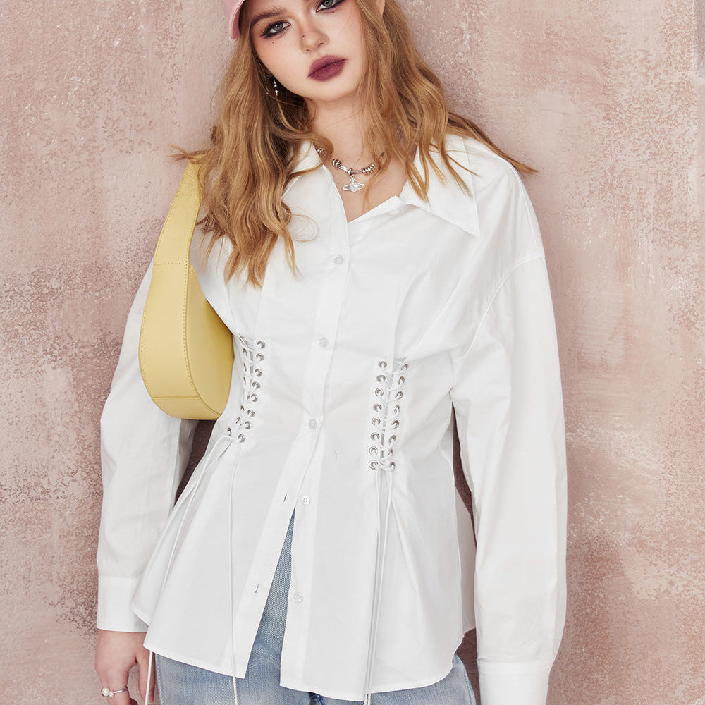 ELFSACK white latern sleeve solid color polo neck blouse 2024 fit in spring lace up casual office style top long sleeve blouse