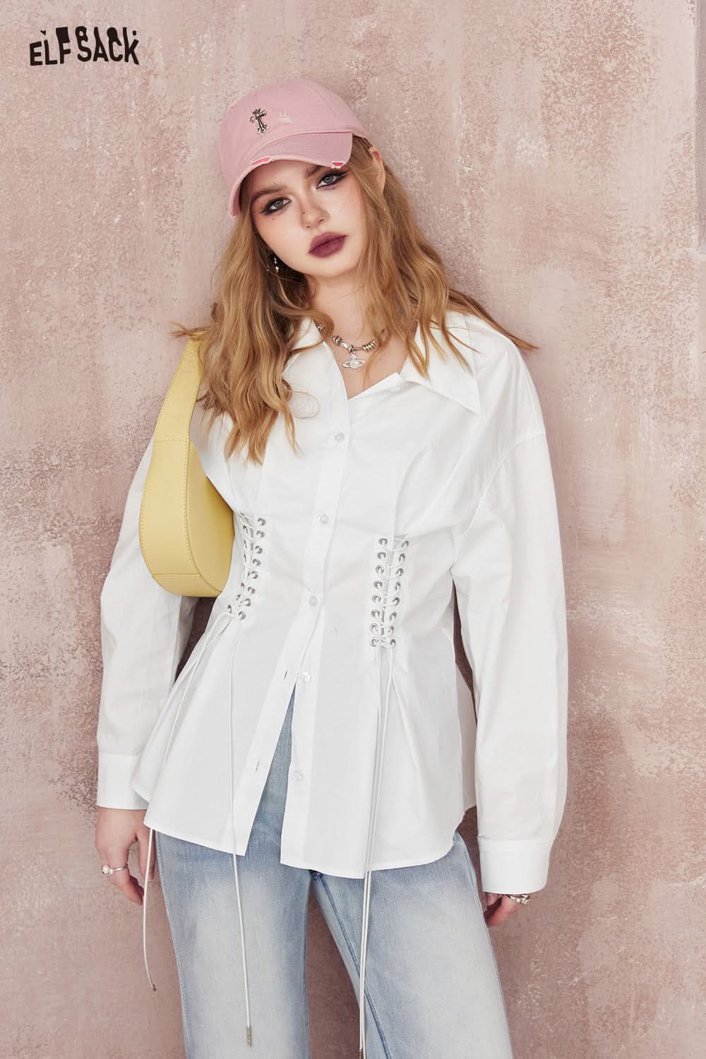 ELFSACK white latern sleeve solid color polo neck blouse fit in spring lace up casual office style top long sleeve blouse