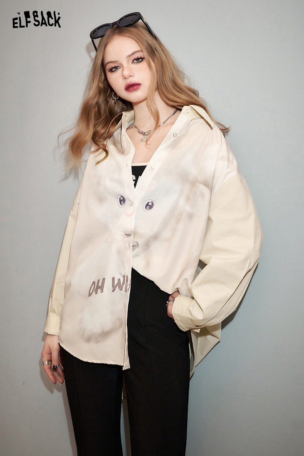 ELFSACK Rabbit print blue shirt's spring design sense long sleeved shirt jacket
