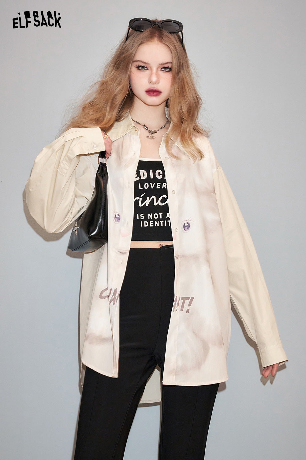ELFSACK Rabbit print blue shirt's spring design sense long sleeved shirt jacket