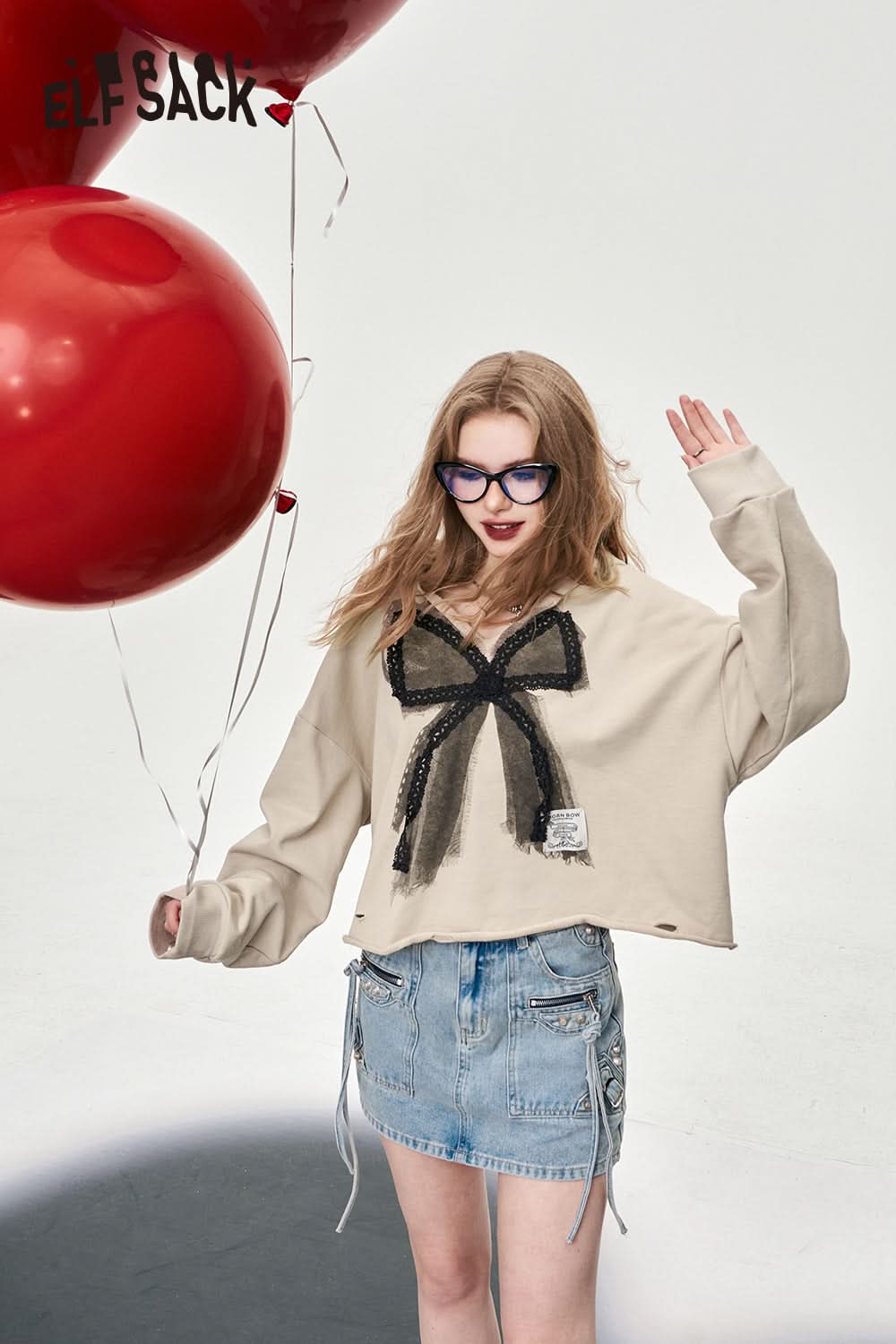 ELFSACK v-neck pullovers hooded color contrast long sleeve sweet top large bow ripped designation fashion cotton top