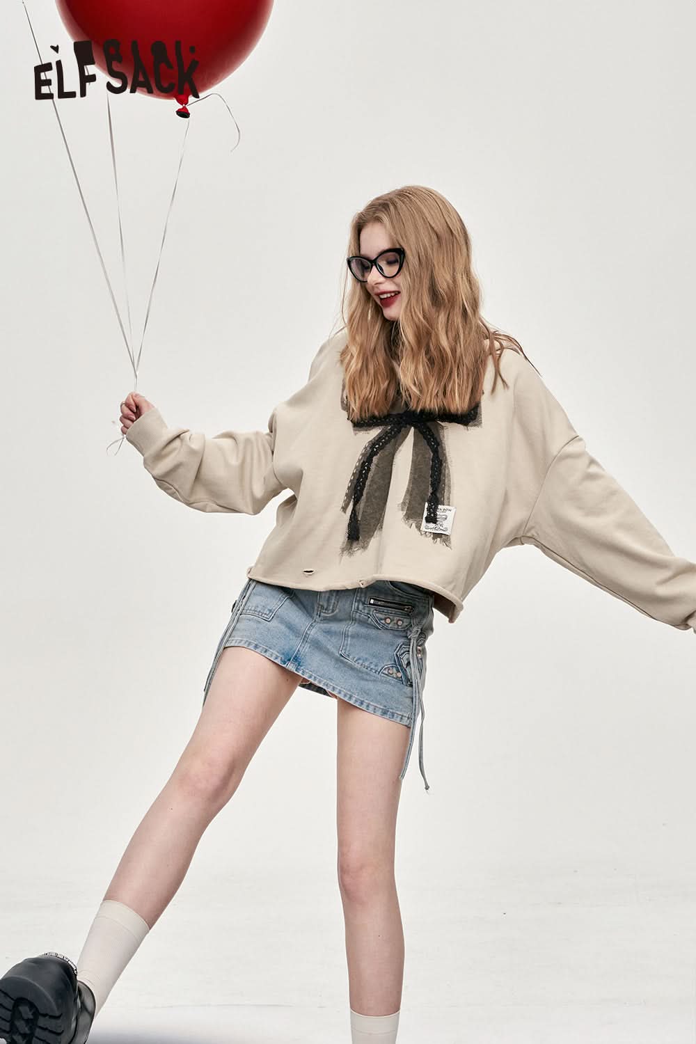 ELFSACK v-neck pullovers hooded color contrast long sleeve sweet top large bow ripped designation fashion cotton top