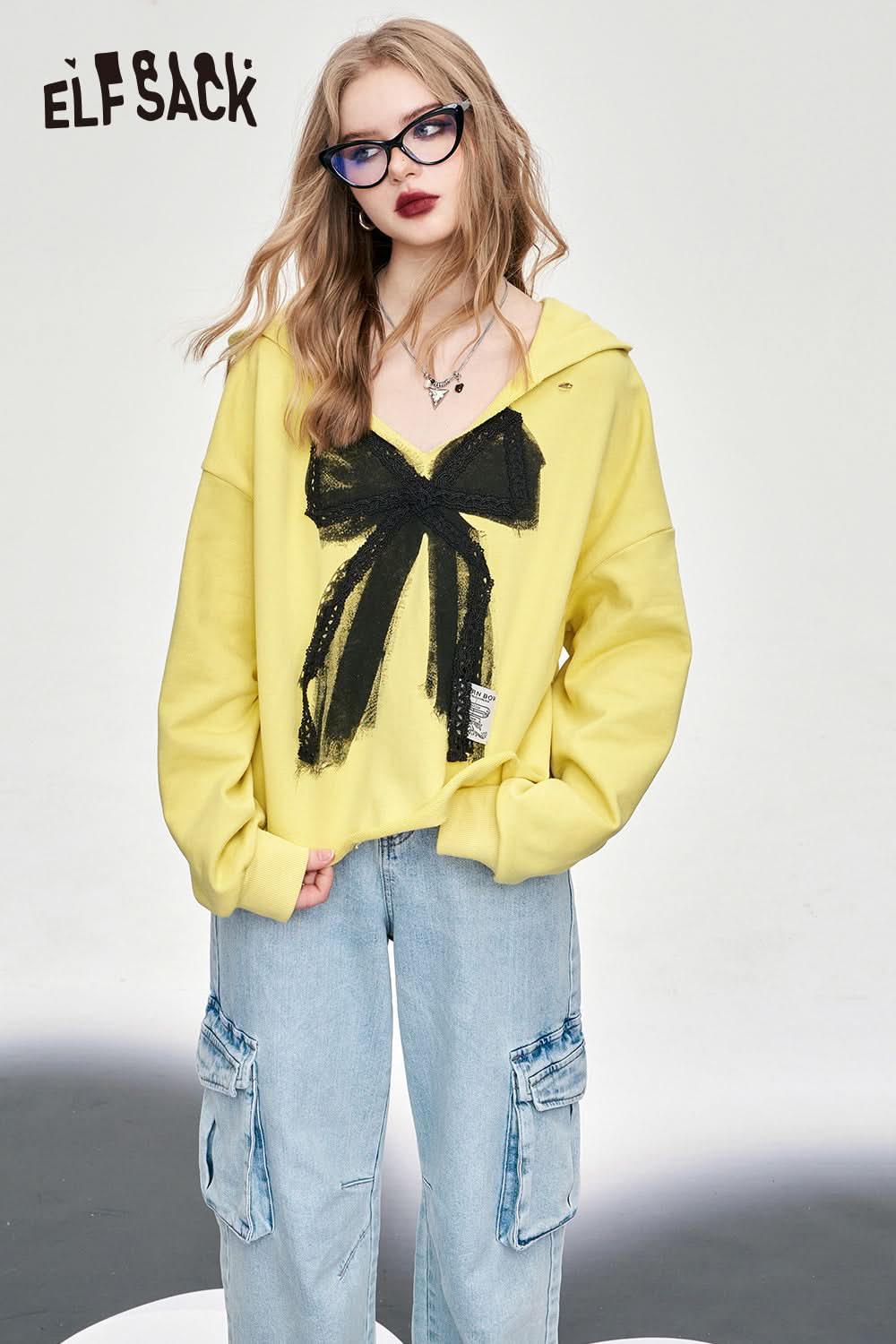 ELFSACK v-neck pullovers hooded color contrast long sleeve sweet top large bow ripped designation fashion cotton top