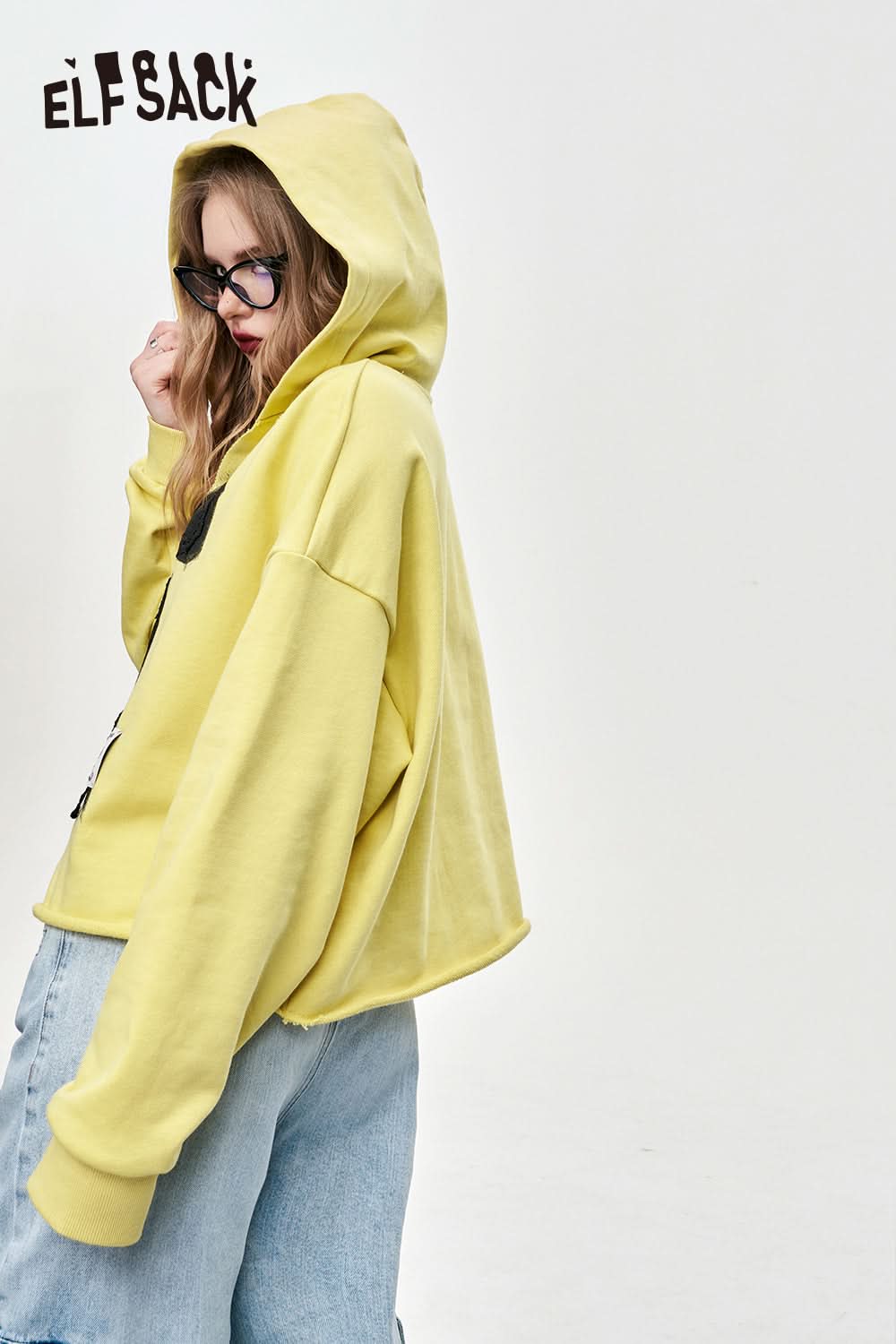 ELFSACK v-neck pullovers hooded color contrast long sleeve sweet top large bow ripped designation fashion cotton top