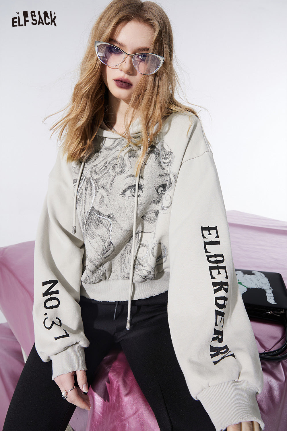 ELFSACK cartoon printing grey croppped hooded for women fit in spring street style casual loose top