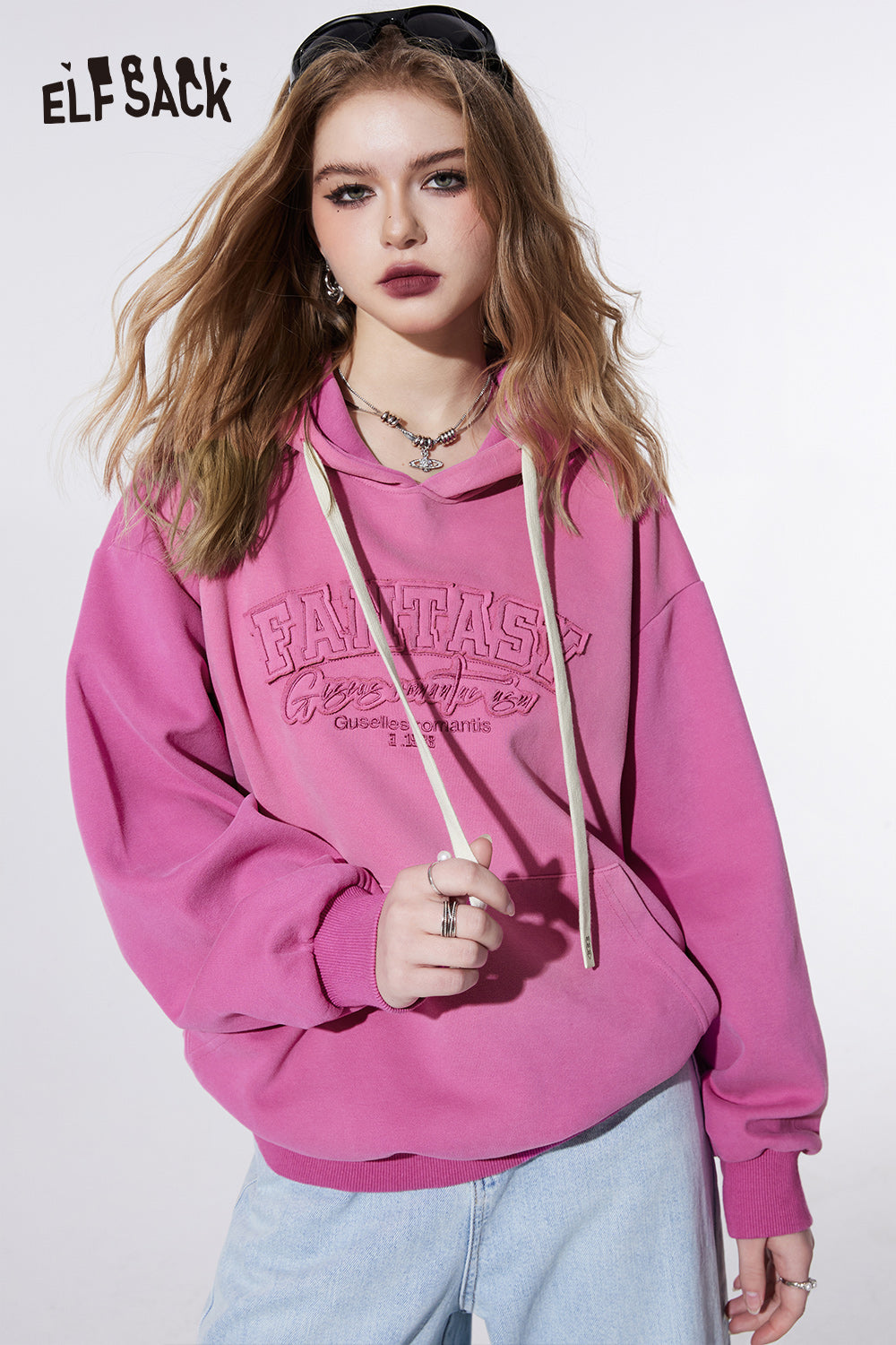 
                  
                    ELFSACK alphabet embroidered offcie style solid color hooded for women 2024 spring new loose pullovers long sleeve office style top
                  
                