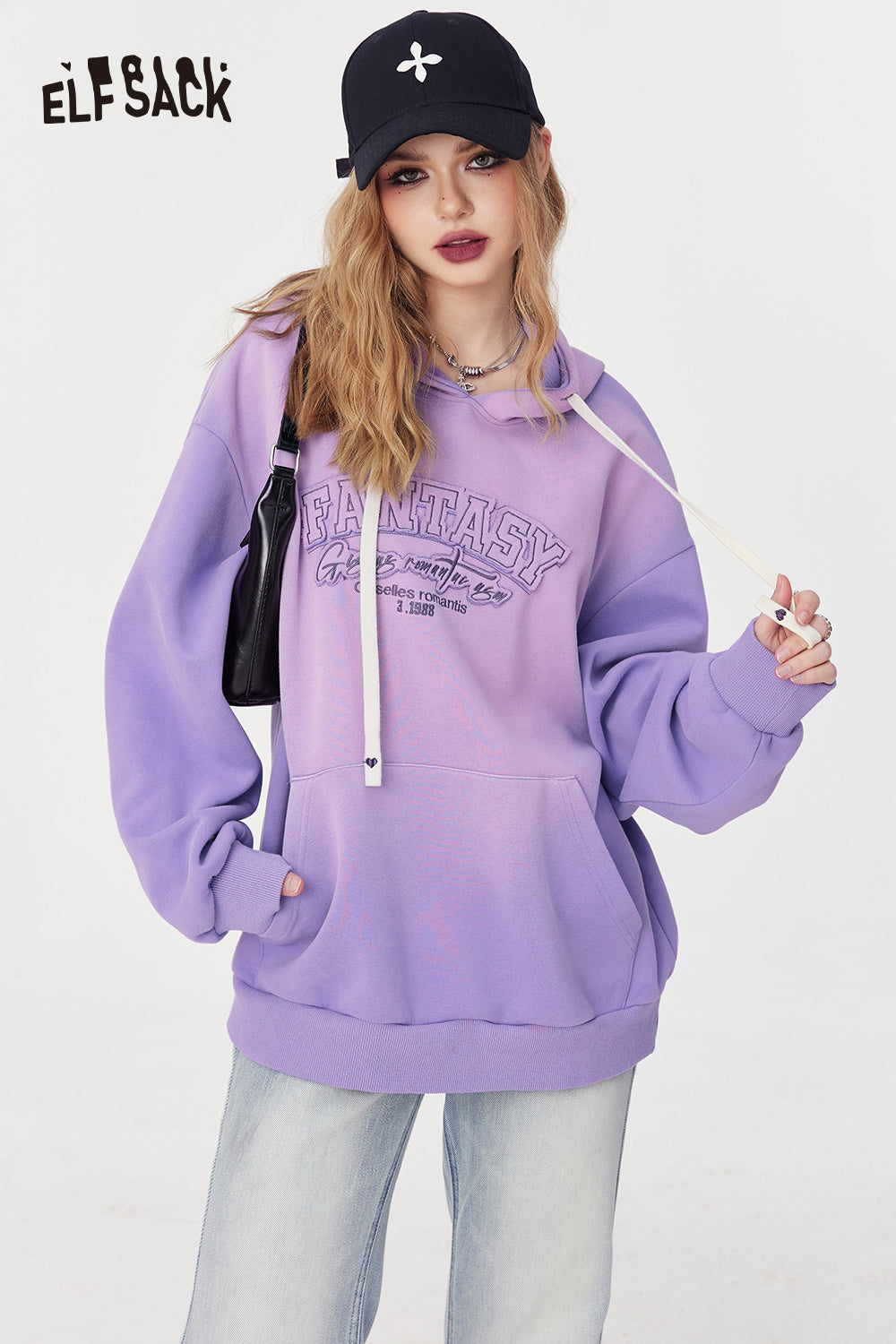 ELFSACK alphabet embroidered offcie style solid color hooded for women 2024 spring new loose pullovers long sleeve office style top