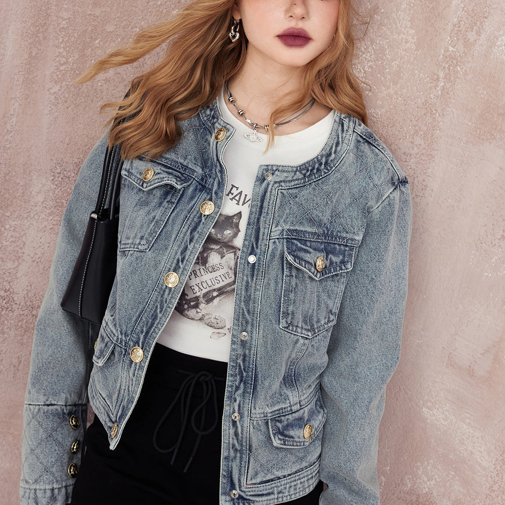 ELFSACK distinctive crew neck cropped denim coat for women 2024 spring new vintage loose long sleeve versatile cropped top