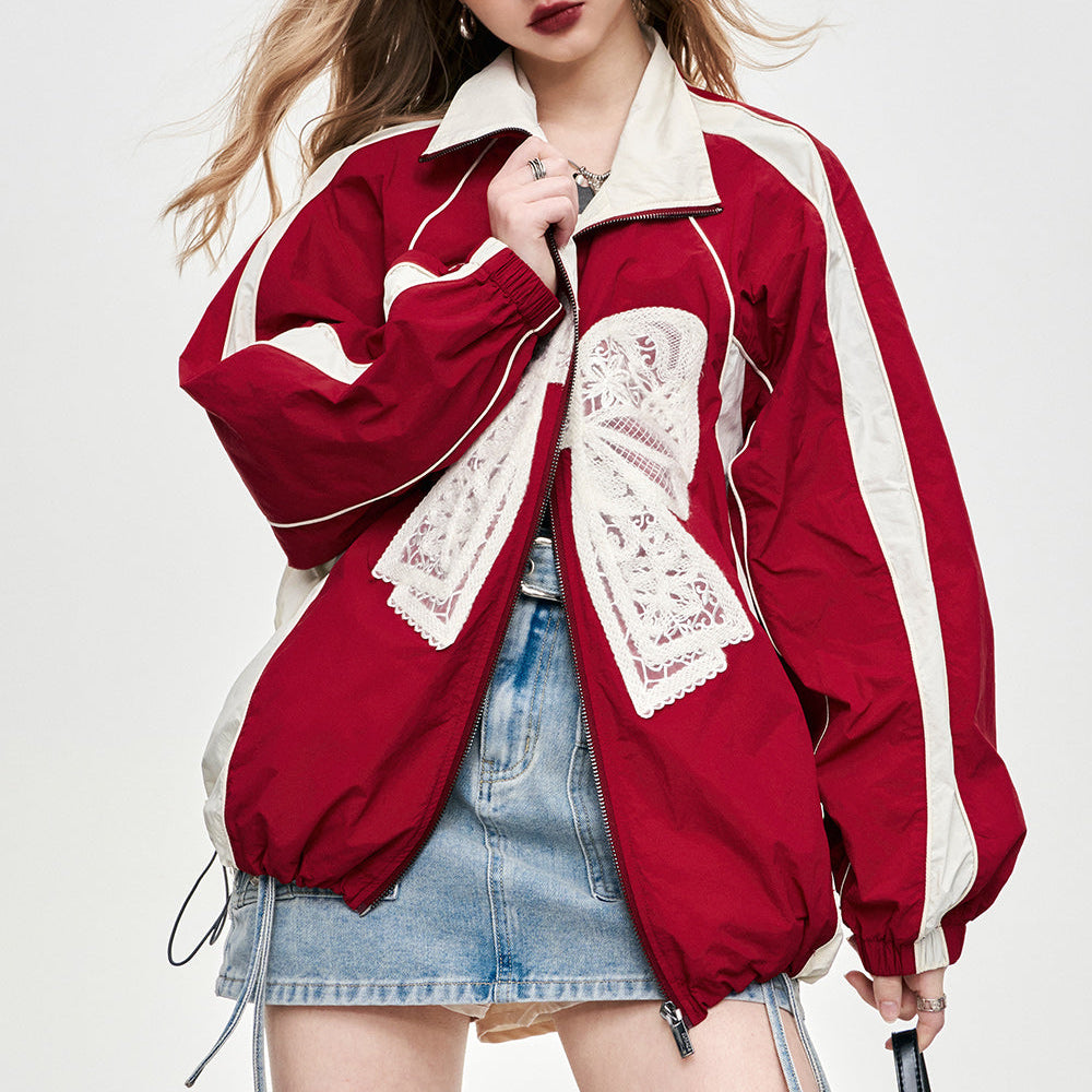 ELFSACK lace bow contrast coat academic style spring new coat for women 2024 loose versatile sporty style jacket coat