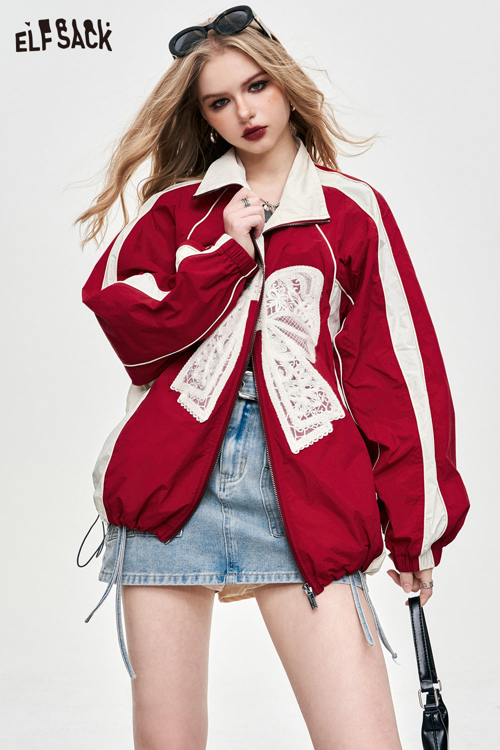 ELFSACK lace bow contrast coat academic style spring new coat for women 2024 loose versatile sporty style jacket coat