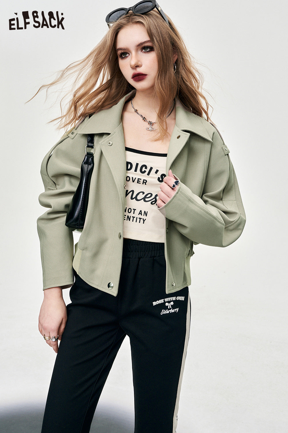 ELFSACK office style casual style cropped coat thin solid color drawstring pocket coat button front coat