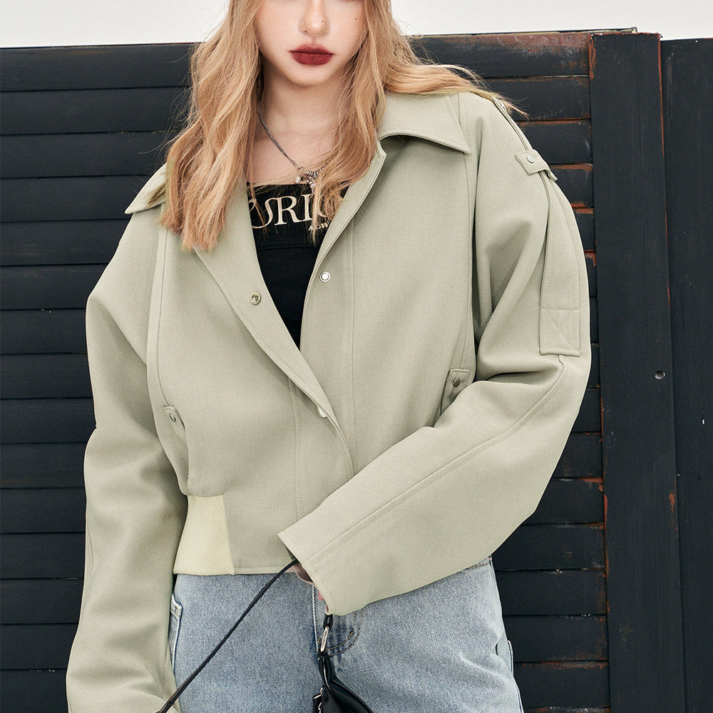 ELFSACK office style casual style cropped coat for women 2024 thin new solid color drawstring pocket coat button front coat