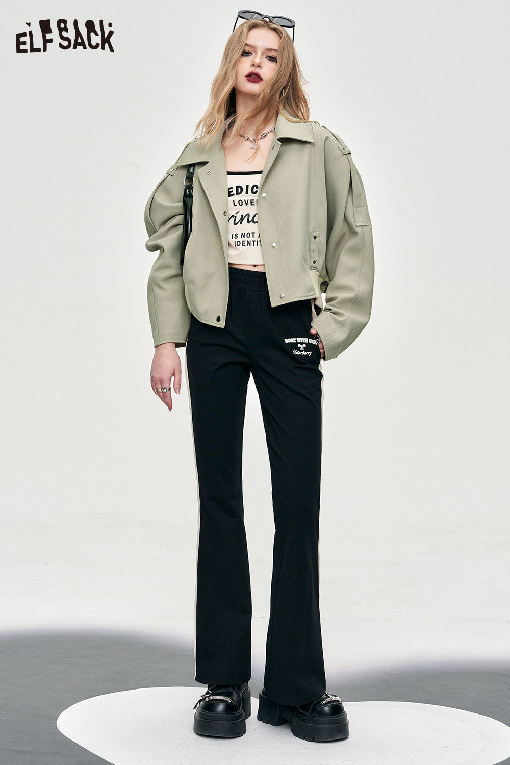 ELFSACK office style casual style cropped coat thin solid color drawstring pocket coat button front coat