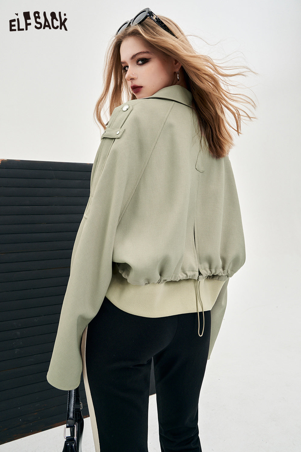 ELFSACK office style casual style cropped coat thin solid color drawstring pocket coat button front coat