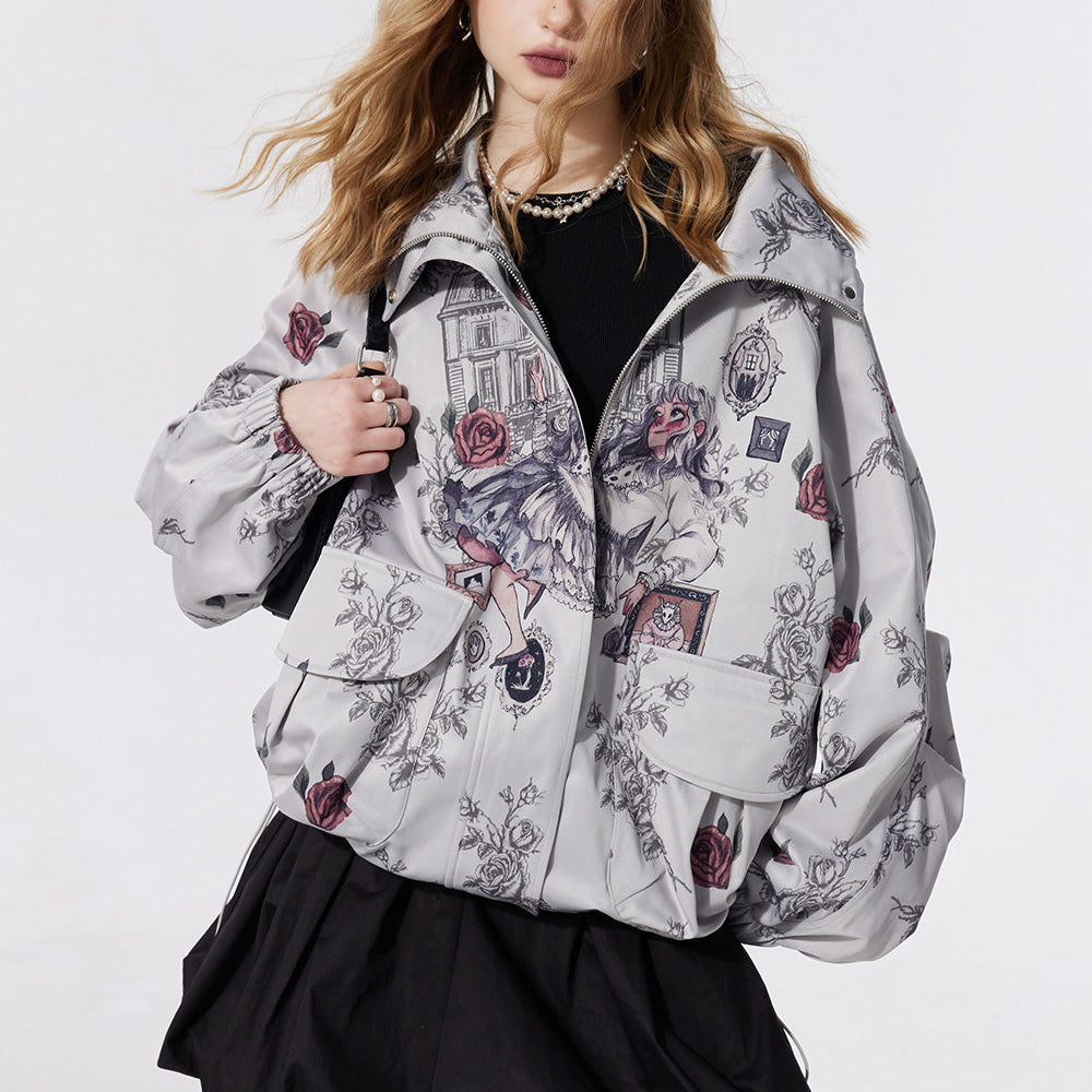 ELFSACK cartoon printing mid long length casual coat for women 2024 spring zippper long sleeve contrast street style casual coat