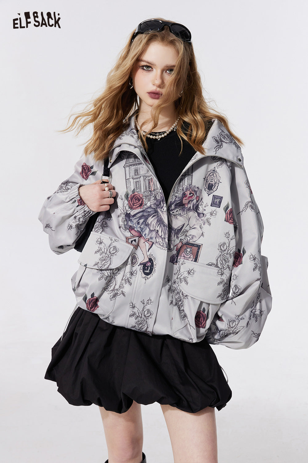 ELFSACK cartoon printing mid long length casual coat for women 2024 spring zippper long sleeve contrast street style casual coat