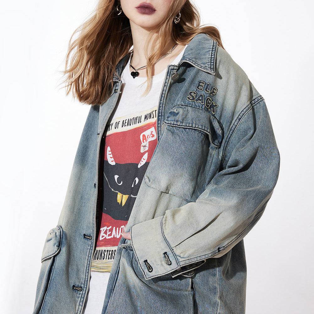 ELFSACK American style vintage mid long length denim coat for women 2024 spring new street style loose irregular loose coat large pocket button front coat