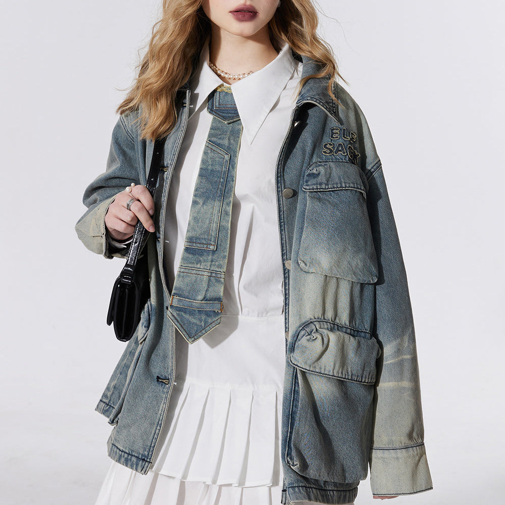 ELFSACK American style vintage mid long length denim coat for women 2024 spring new street style loose irregular loose coat large pocket button front coat