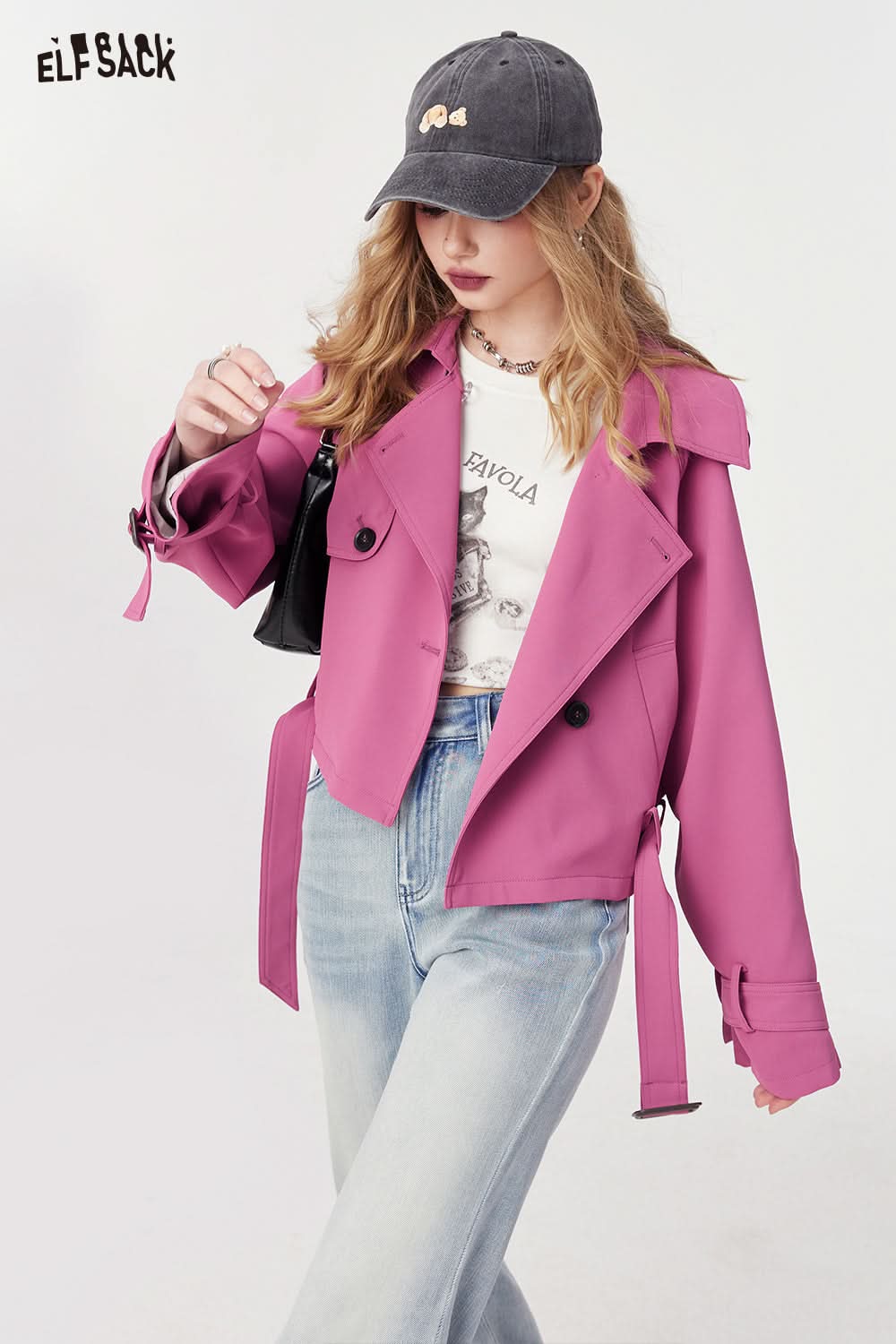 ELFSACK versatile casual windbreak cropped coat spring loose lapel young energrtic pink coat