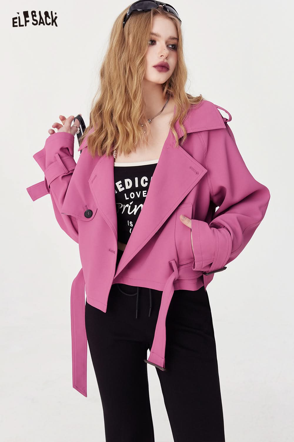 ELFSACK versatile casual windbreak cropped coat spring loose lapel young energrtic pink coat