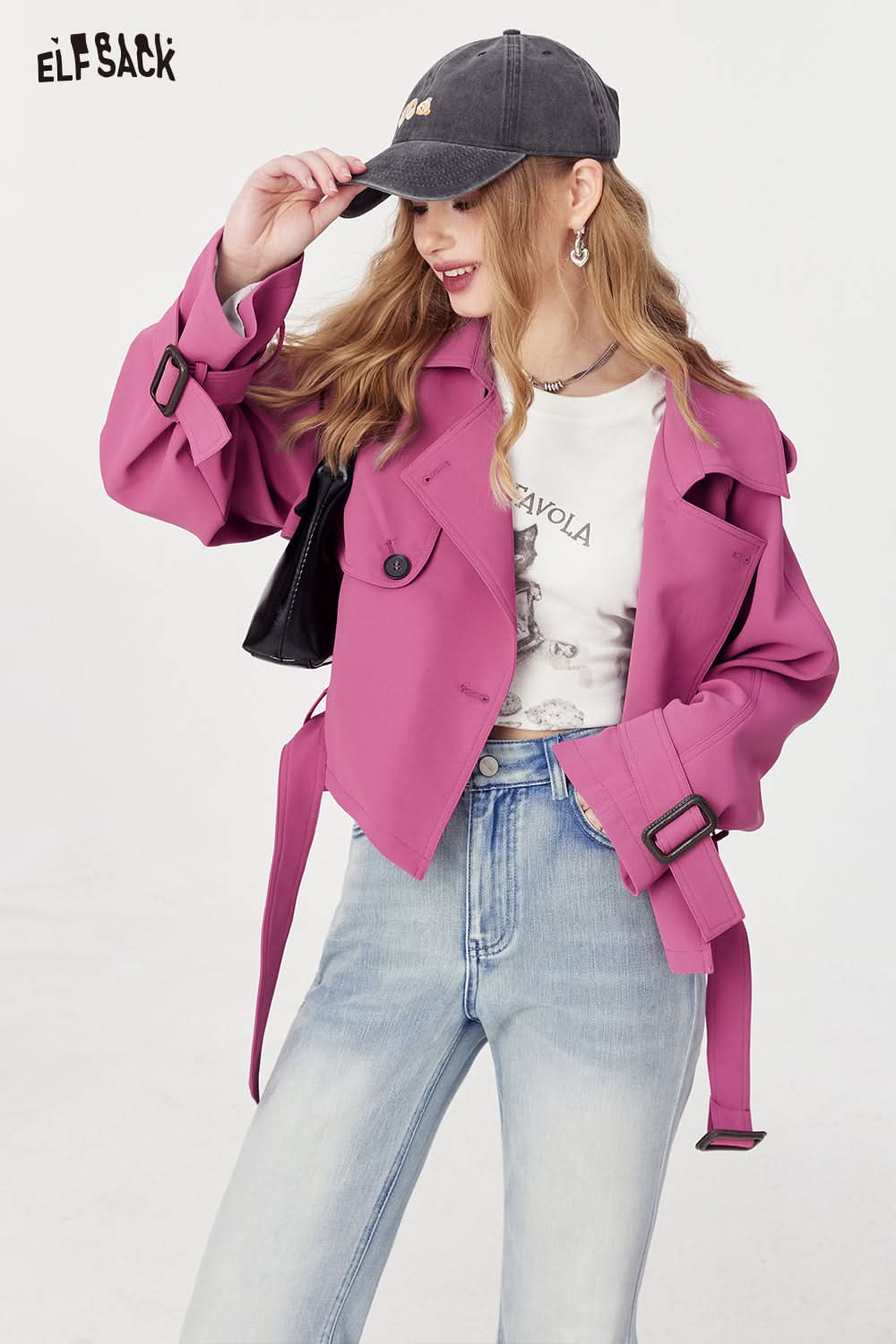 ELFSACK versatile casual windbreak cropped coat spring loose lapel young energrtic pink coat