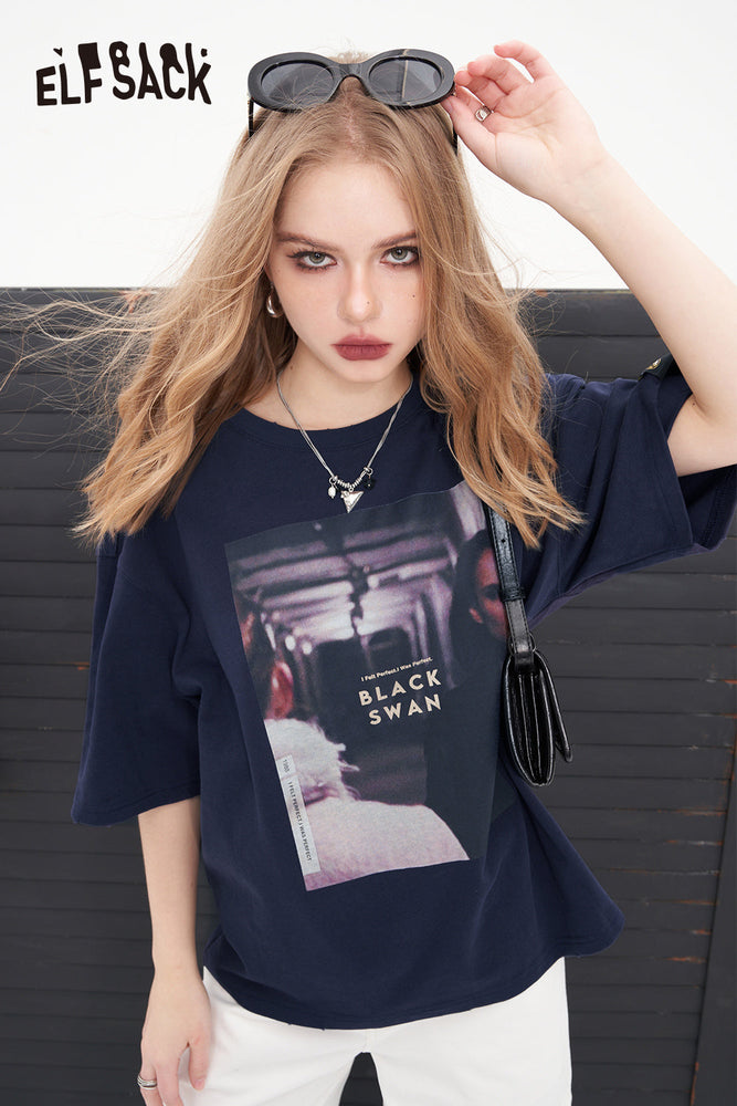 
                  
                    ELFSACK printing crew neck short sleeve T-shirt for women 2024 fit in spring or summer American style loose casual cotton tops
                  
                