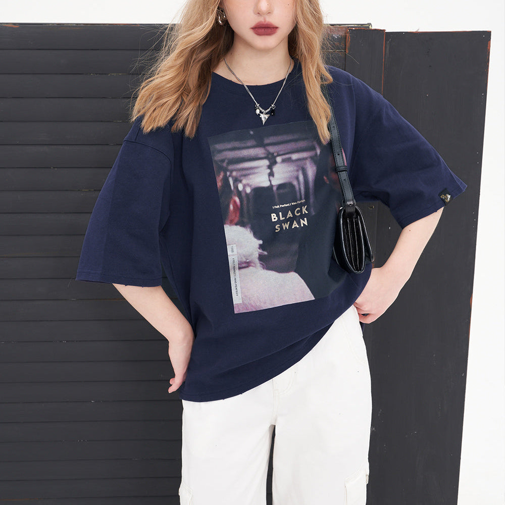 
                  
                    ELFSACK printing crew neck short sleeve T-shirt for women 2024 fit in spring or summer American style loose casual cotton tops
                  
                