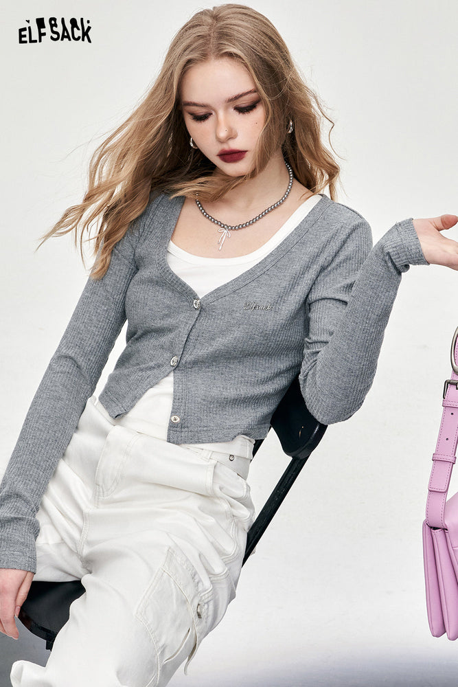 
                  
                    ELFSACK two pieces knitwear solid color elegant top for women 2024 new fashion long sleeve cardigan office style spring top
                  
                