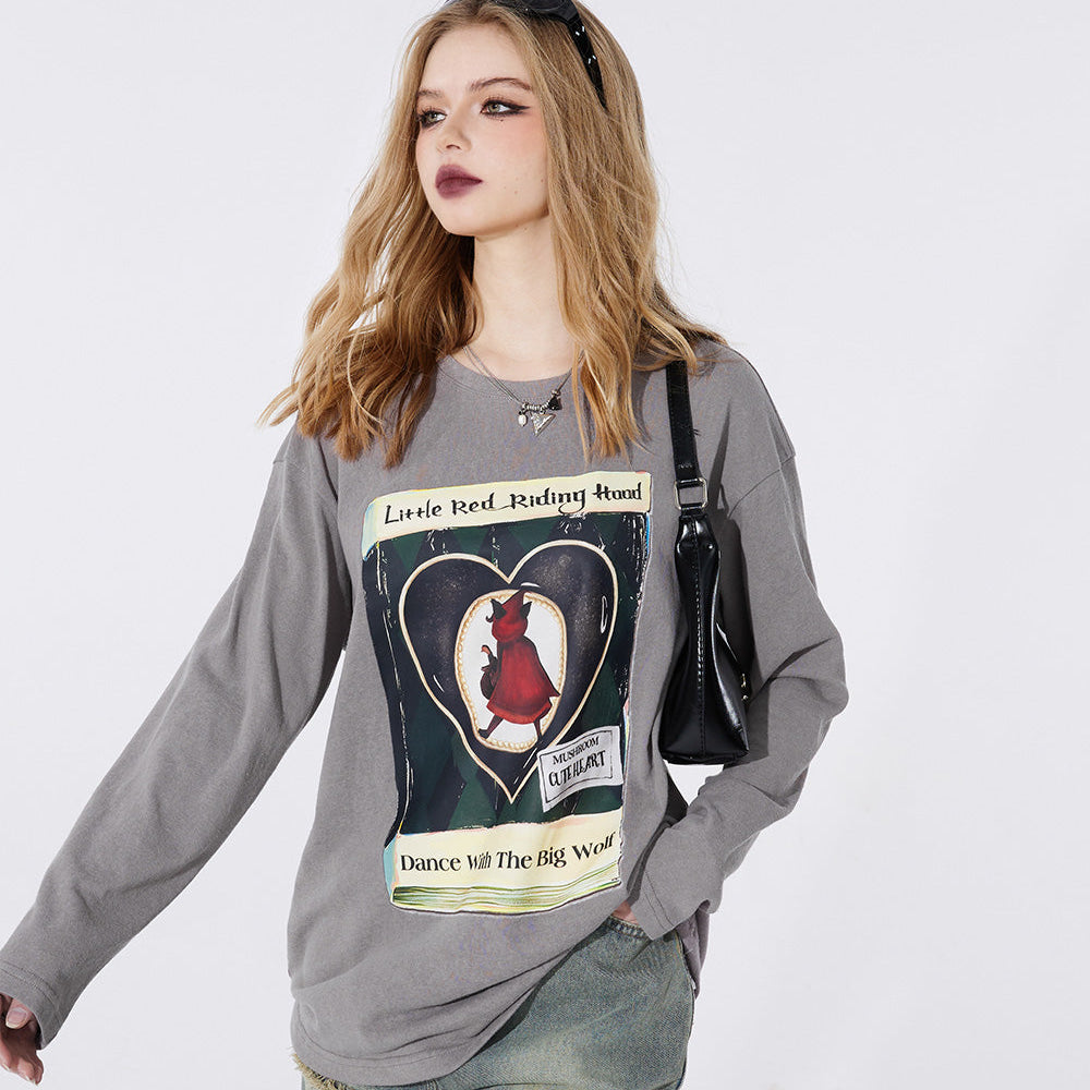 
                  
                    ELFSACK street style crew neck loose printing long sleeve for women 2024 spring new mid long length sweet and playful t-shirt top
                  
                