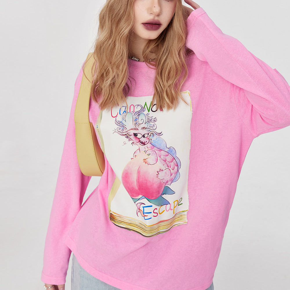 
                  
                    ELFSACK street style crew neck loose printing long sleeve for women 2024 spring new mid long length sweet and playful t-shirt top
                  
                