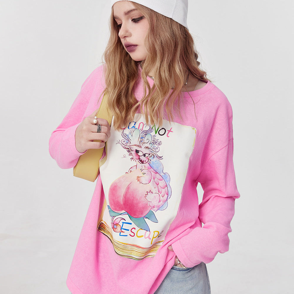 
                  
                    ELFSACK street style crew neck loose printing long sleeve for women 2024 spring new mid long length sweet and playful t-shirt top
                  
                