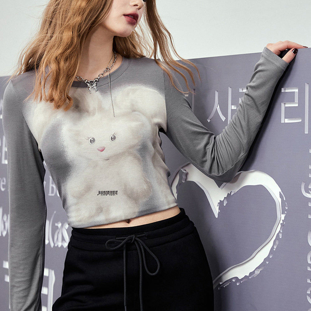 ELFSACK Rabbit print tight fitting t-shirt for women in spring 2024, new small and spicy girl sexy long sleeved top