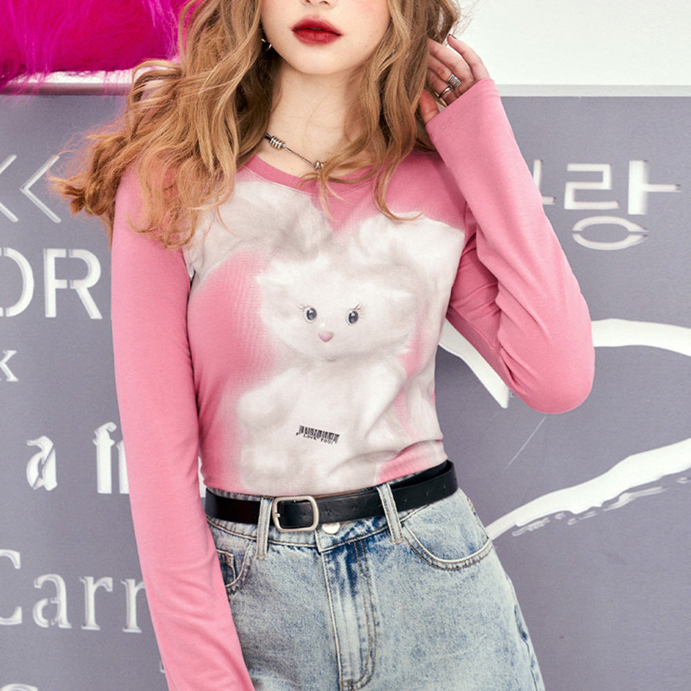 
                  
                    ELFSACK Rabbit print tight fitting t-shirt for women in spring 2024, new small and spicy girl sexy long sleeved top
                  
                