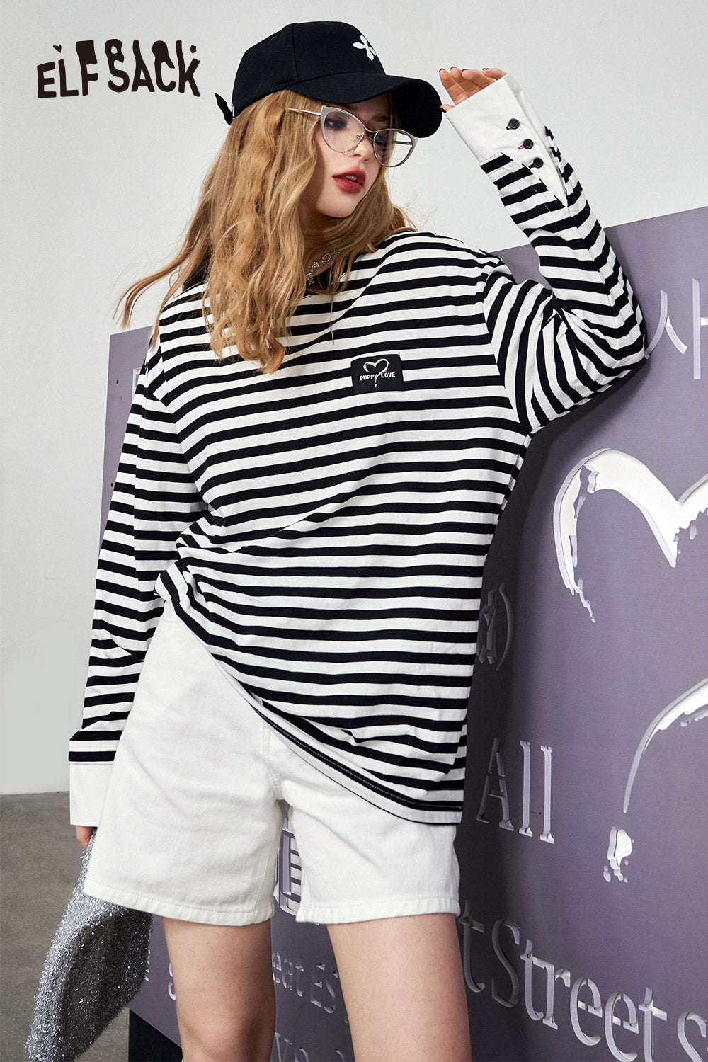 ELFSACK Black and white striped loose T-shirt for women's 2024 spring new versatile casual pure cotton long sleeved top