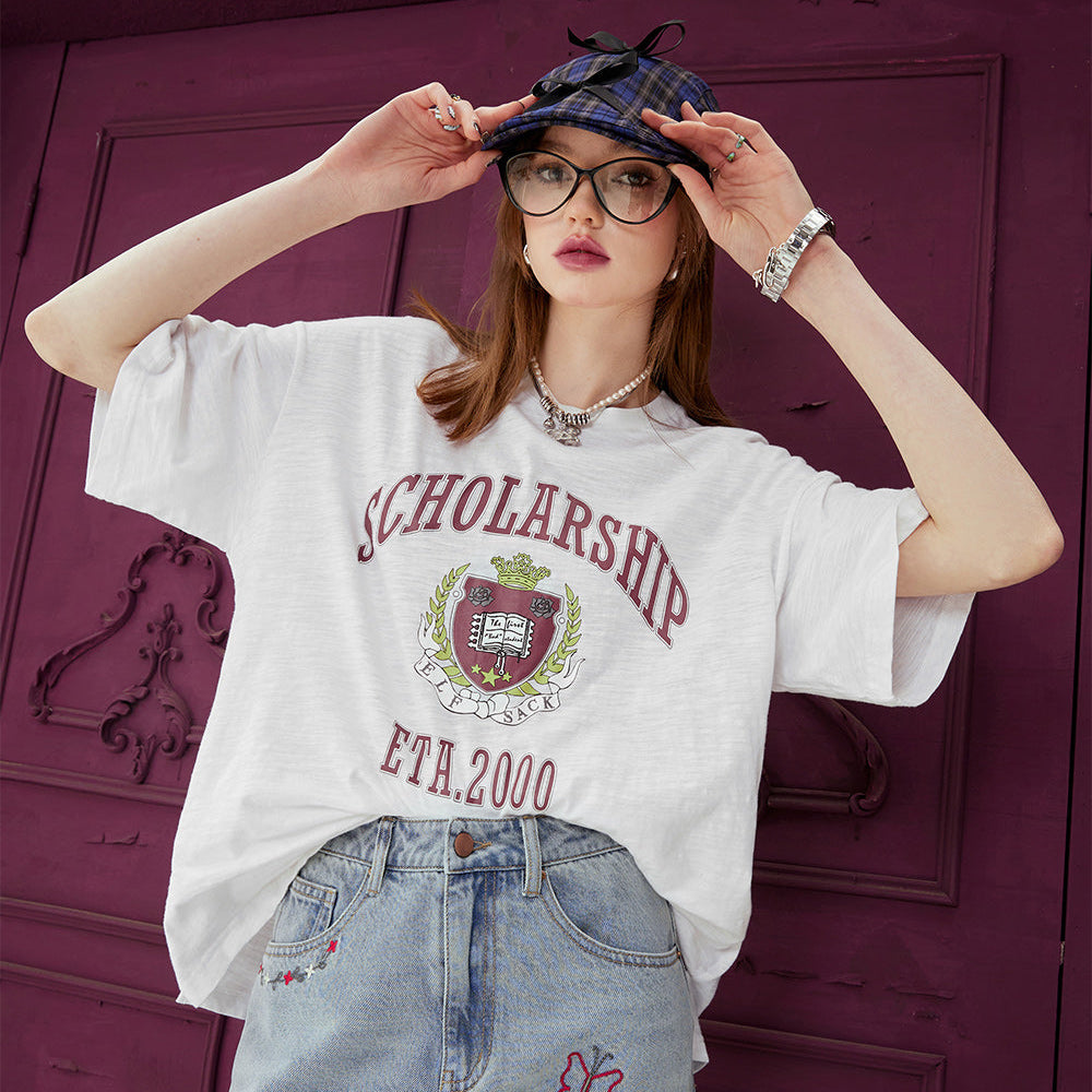 ELFSACK Printed loose white t-shirt for women's 2024 spring new college style casual slimming short sleeved top